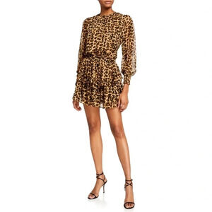 MISA Los Angeles Katia Leopard Print Ruffle Long Sleeve Mini Dress Size XS. NEW